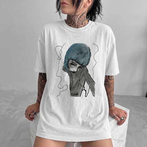 Y2k Blue Haired Portrait Graphic T-Shirt